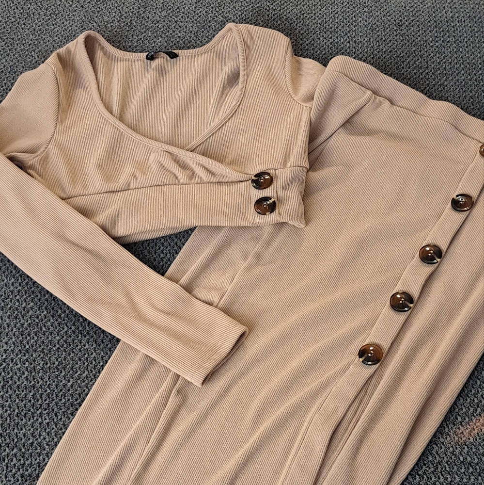 Light brown/tan cropped long sleeve and side slit skirt - SEND OFFERS